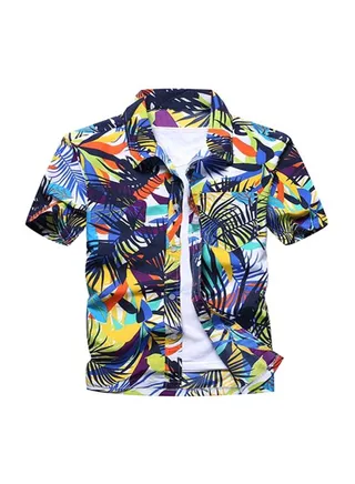 Leaves Printed Short Sleeves Shirt Blue/Yellow/Orange 