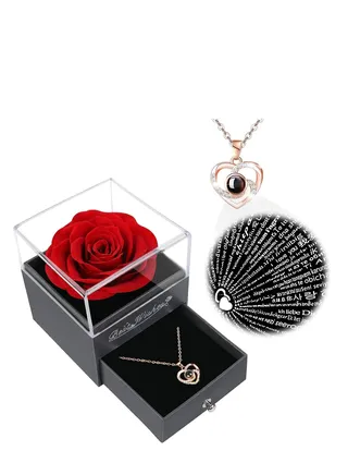 CITTA Preserved Red Rose and Heart Necklace Gift Set for Her - Eternal Real Rose with 100 Language Love Pendant - Perfect for Valentine's Day, Mother's Day, Birthdays, Women, Wife, Mom, Grandma 
