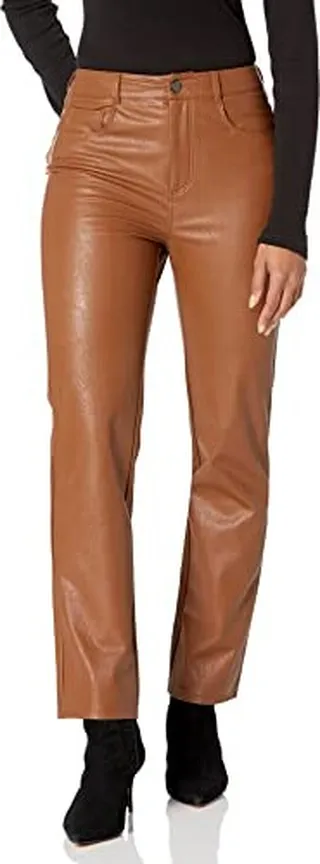 PAIGE Women's Stella Straight Leg Ultra high Rise Vegan Leather in Dark argan