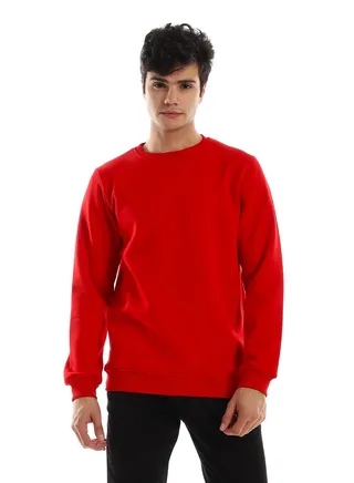 Ribbed Hem & Cuffs Plain Cotton Sweatshirt - Red 