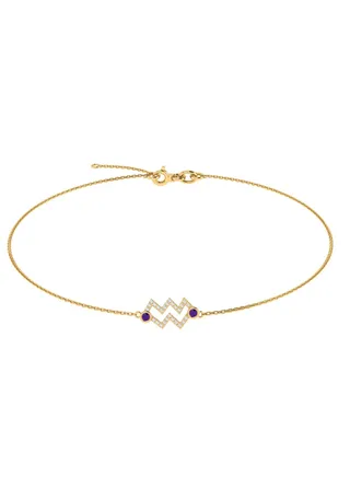 Capri Gold 18K Yellow Gold Aquarius Zodiac Sign Bracelet with Amethyst and Diamond 