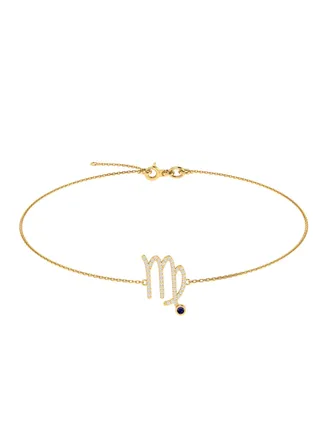 Capri Gold 18K Yellow Gold Virgo Zodiac Sign Bracelet with Blue Sapphire and Diamond 