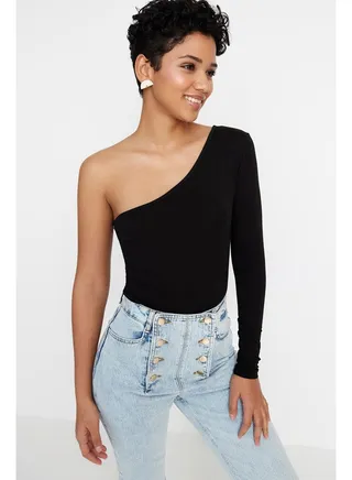 Black Single Sleeve Cotton Elastic Knitted Body With Snap Button TWOSS23BD00013 