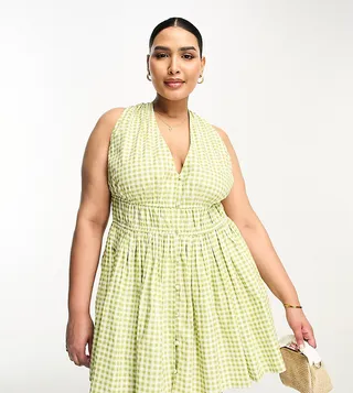 ASOS DESIGN Curve cotton plunge button up mini sundress with elastic channel detail in green textured gingham