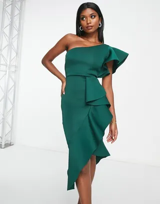 True Violet one shoulder ruffle midi dress in emerald