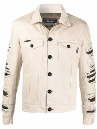 Ripped Camouflage Denim Jacket