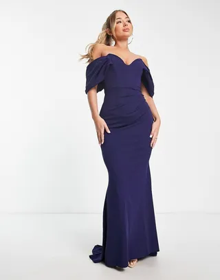 Goddiva bardot fishtail maxi dress in navy