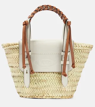 Small leather-trimmed raffia tote bag