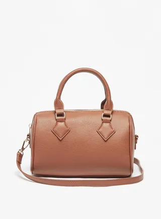 Womens Solid Bowler Bag with Detachable Strap and Zip Closure