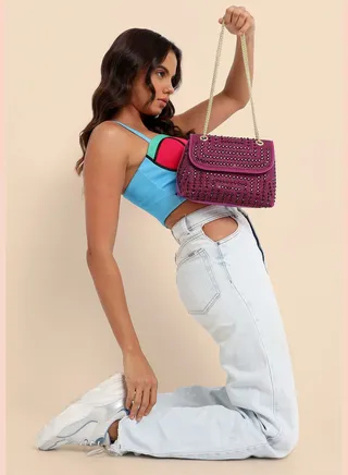 Textured Magnet Lock Regular Faux Leather Hand Bag For Women