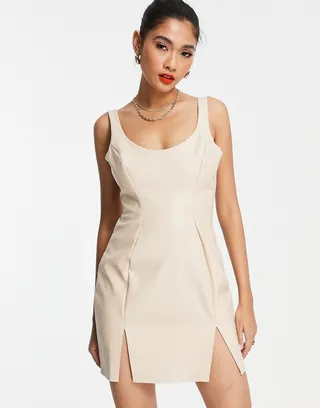 ASOS DESIGN PU structured scoop mini dress with split detail in stone