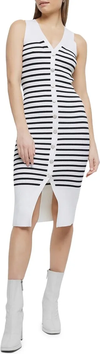 Stripe Rib Sleeveless Button-Up Sweater Dress