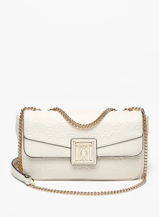 Women's Embossed Monogram Crossbody Bag with Chain Strap and Magnetic Closure