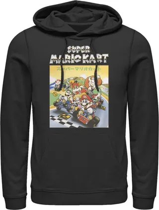 Men's Nintendo Mario Kart Retro Chrome Logo Group Shot Pull Over Hoodie - Black - Large