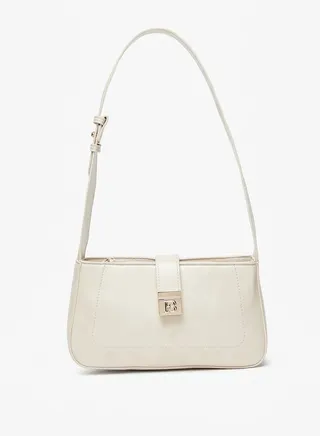 Women Solid Shoulder Bag with Adjustable Strap and Button Closure