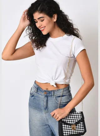 Textured Push Lock Sling Bag with Chain Strap