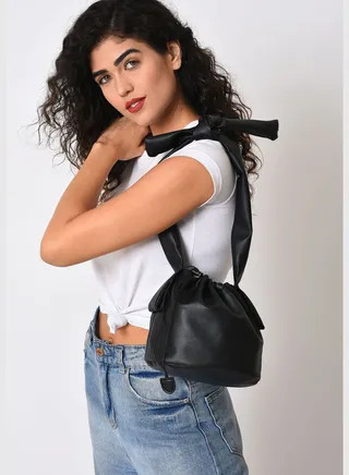 Solid Bucket Hand Bag with Drawstring