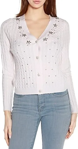Belldini Embellished Cabled V-Neck Cardigan