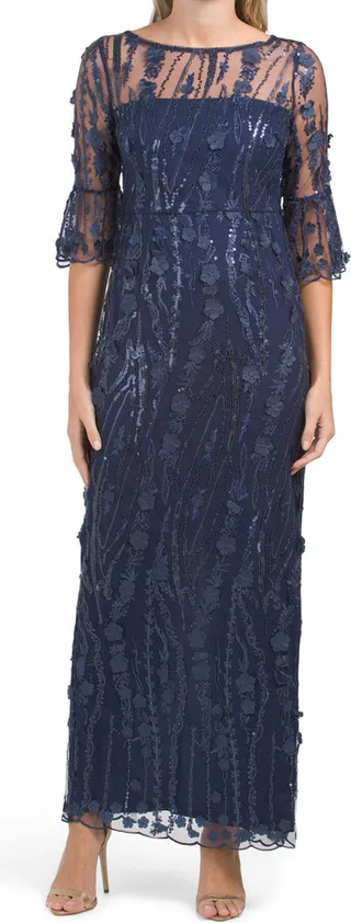 Three-quarter Sleeve Floral Applique Gown With Illusion Neck