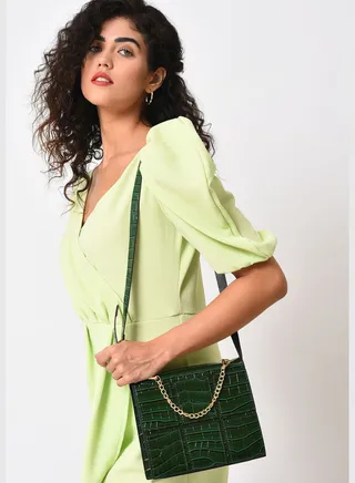 Textured Magnet Lock Sling Bag with Chain Strap