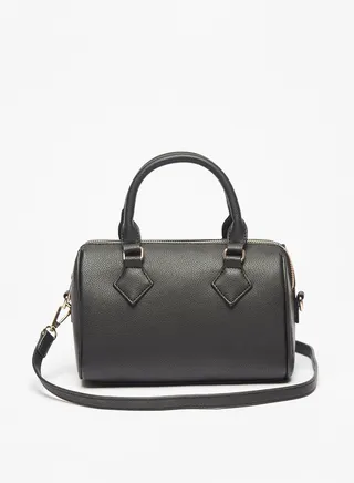Womens Solid Bowler Bag with Detachable Strap and Zip Closure