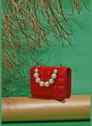 Quilted Magnet Lock Sling Bag with Pearl detail