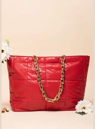 Quilted Zip Lock Tote Bag with Chain Strap