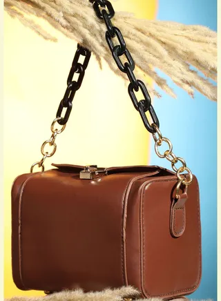 Textured Push Lock Hand Bag with Chain Strap