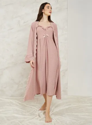 Broderie Lace Trim Detail Slipdress & Robe Set