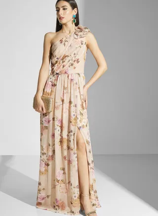 One Shoulder Side Slit Floral Print Dress
