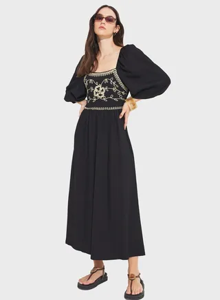 Embroidered Puff Sleeve Dress