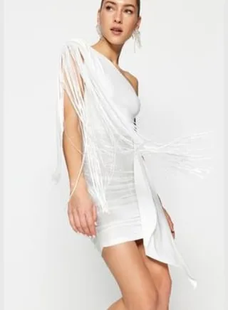 Ecru Lined Bridal Evening Dress With Knitted Tassels With Window/Cut Out Detailed TPRSS23EL00181