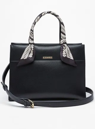 Women's Solid Tote Bag with Magnetic Closure and Scarf Detail