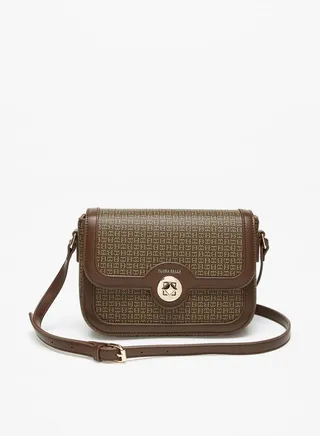 Women's Monogram Print Crossbody Bag With Adjustable Strap And Flap Closure