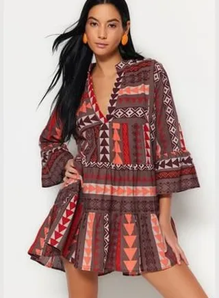 Geometric Pattern, Wide Fit Mini Weave 100% Cotton Beach Dress with Ruffles TBESS23EL00145.