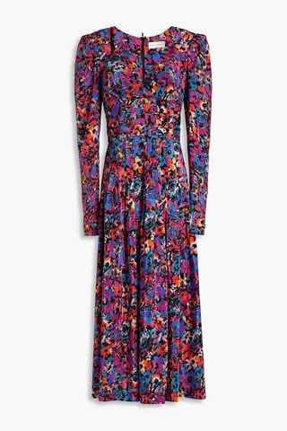 Pleated printed crepe de chine midi dress