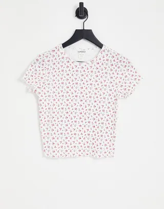 Glamorous fitted mini T-shirt in ditsy pointelle rib with lettuce hem