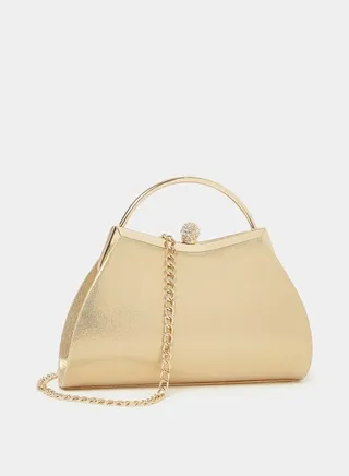 Textured Top Handle Clutch Bag with Embellished Click Lock