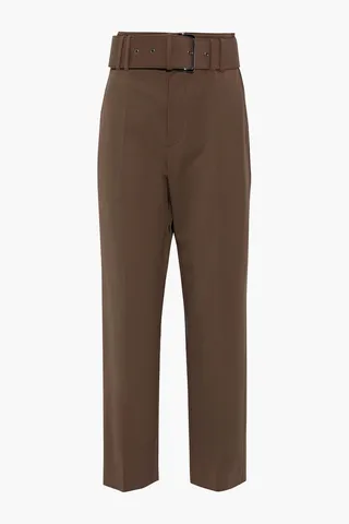 Cropped belted wool-blend twill straight-leg pants