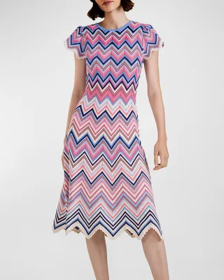 Simone Flutter-Sleeve Chevron Midi Dress