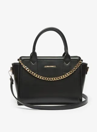 Womens Solid Tote Bag with Double Handle and Chain Detail