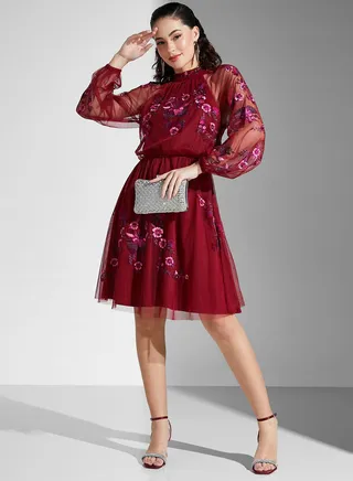 Balloon Sleeve High Neck Embroidered Dress