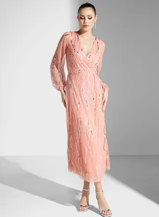 Embellished Surplice Neck Mesh Dress