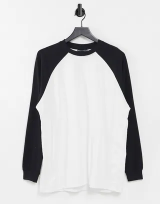 ASOS DESIGN oversized long sleeve T-shirt with contrast raglan seam in white and black