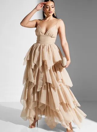 Ruffle Mesh Plunge Neck Dress