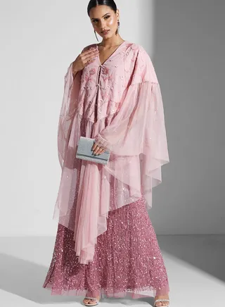 Asymmetric Embroidered Ruffle Detail Dress