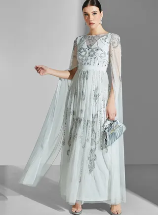 Embellished Mesh Detail Ruffle Dress