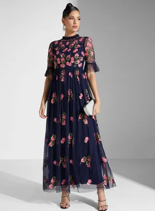 Floral Embroidered Mesh Detail Dress