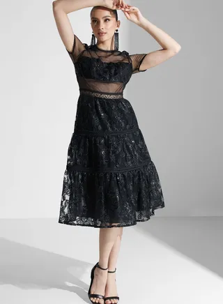 Sequin Embroidered Panelled Skater Midi Dress
