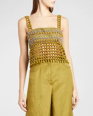 Square-Neck Beaded Sleeveless Crop Top